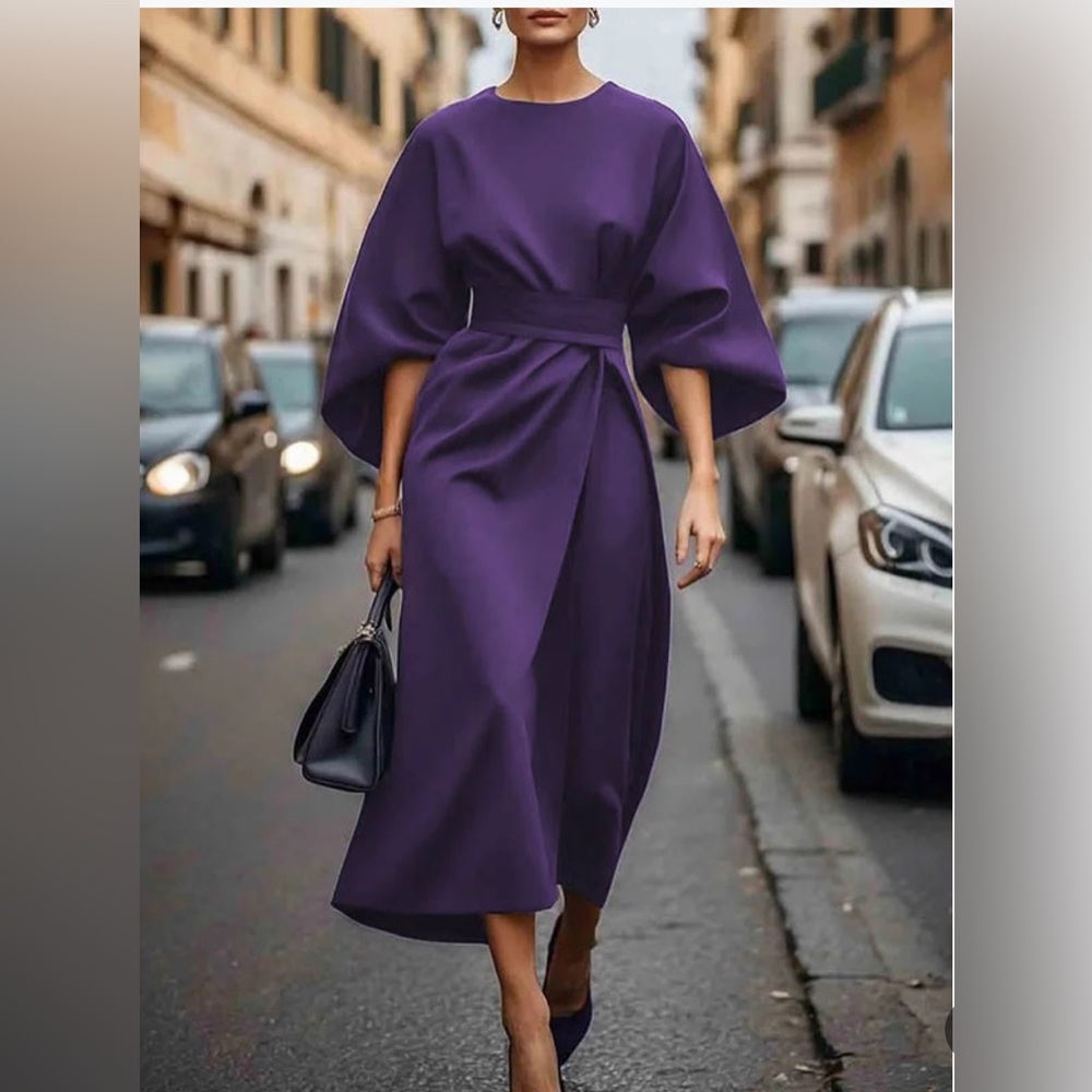 Uoozee NWOT Loose Puff Sleeve Pleated Split-Joint Round-Neck Midi Dress Small